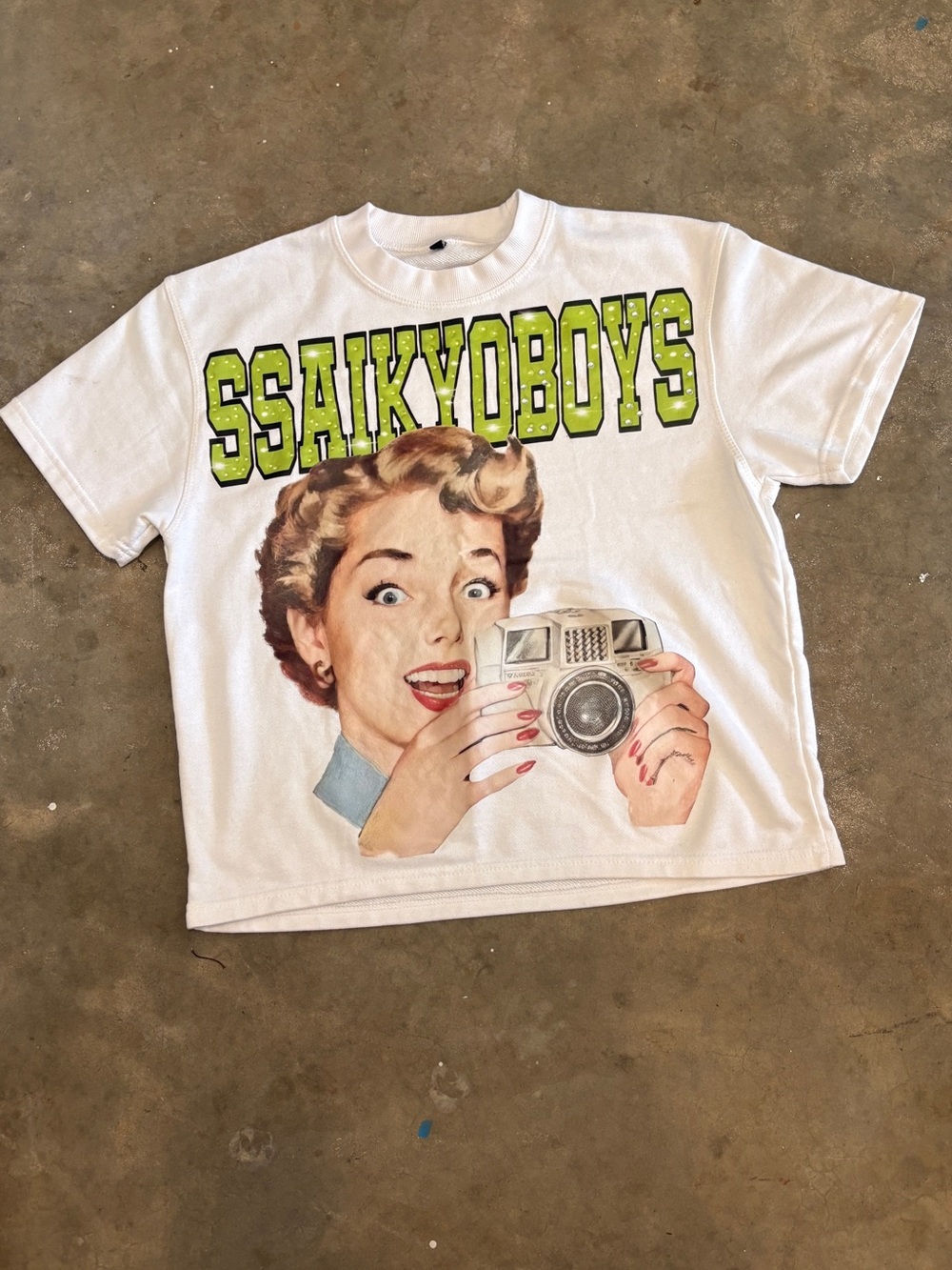 White Graphic Short-Sleeve Tee with Lime-Green Lettering